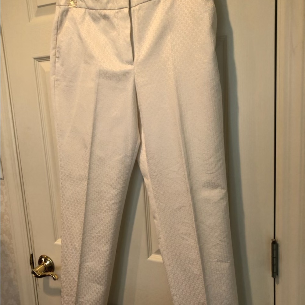 White pants straight leg polyester and cotton white on white with Design